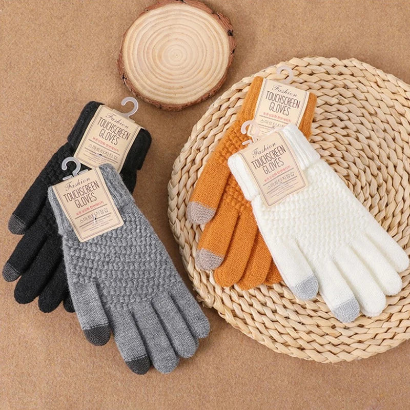 1Pair Winter Touch Screen Gloves Women Men Warm Stretch Knit Mittens Imitation Wool Full Finger Mountaineering Gloves