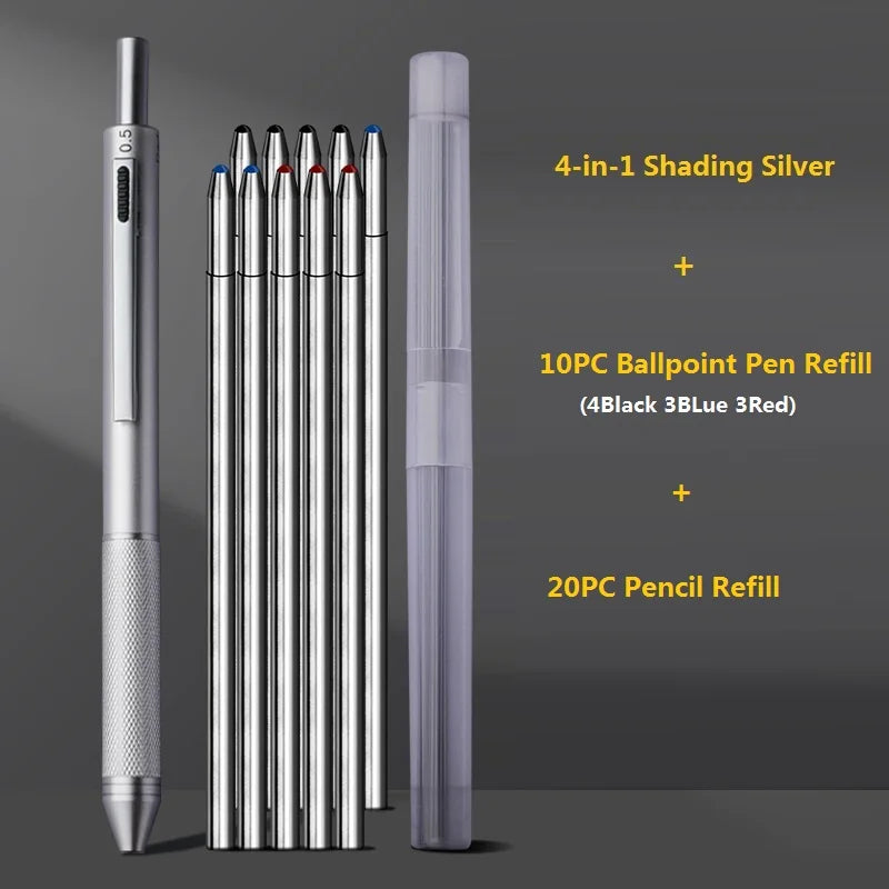 4 In1 Multi-Function Ballpoint Pen/Mechanical Pencil,Metal Integrated Gravity Signature Canetas Black Technology Press Oil Stylo