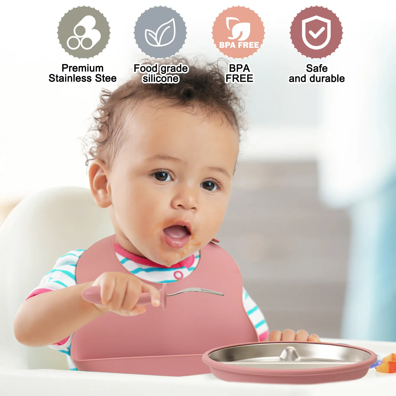 Premium 4-Piece Baby Feeding Set - Stainless Steel & Silicone Tableware