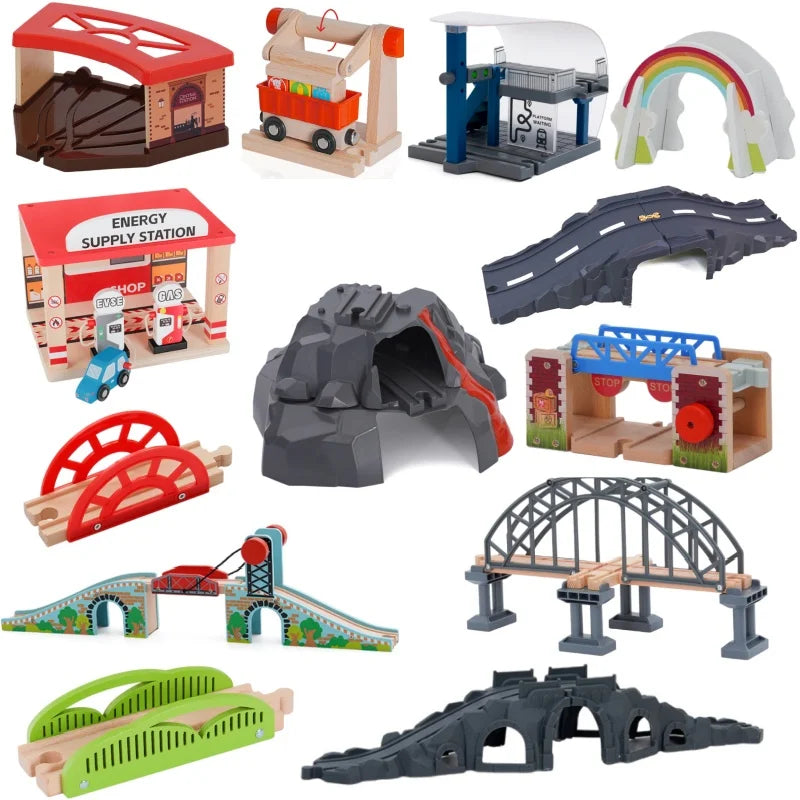 Kids Railway Toys Wooden Track Accessories of Wooden Bridge Tunnel Station fit for Brand Wooden Train Tracks Railway Toys
