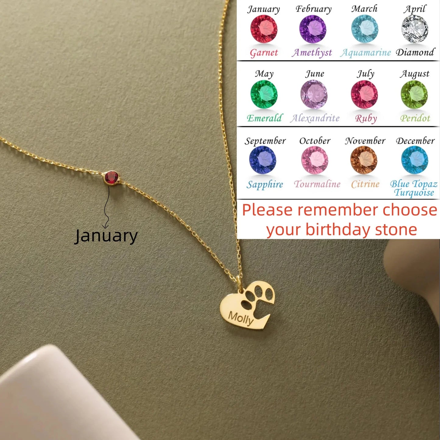 Jeshayuan Personalized Heart Shaped Engraved Paw Print Necklace Customized Name Necklaces with Birth Stone Jewelry Gift for Love