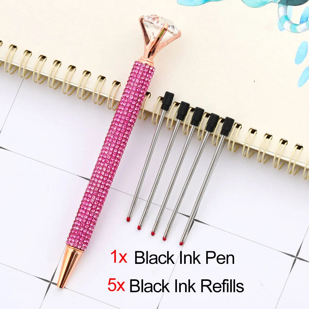 Lytwtw's Luxury Gold Ballpoint Pen Big Diamond Wedding Rose,Metal Stationery School Supplies  1 PCS Pen +5 PCS Refills