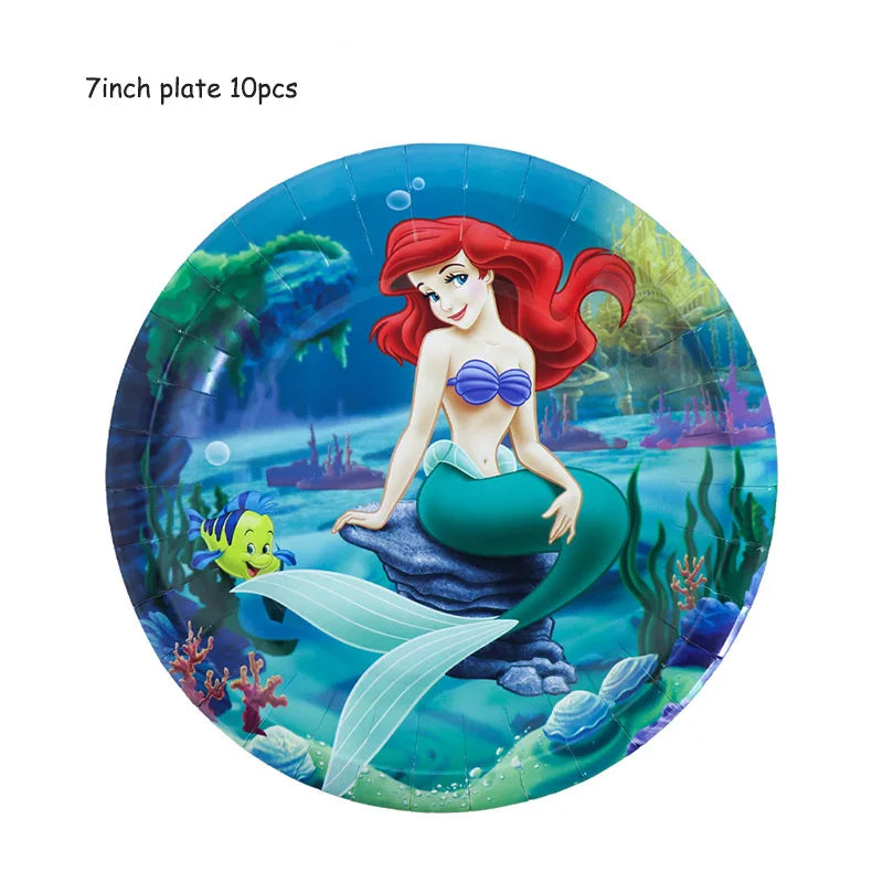 Disney Little Mermaid Theme Girl Kids First Birthday Party Decoration Disposable Tableware Plate Napkins Banner Ariel Backdrops