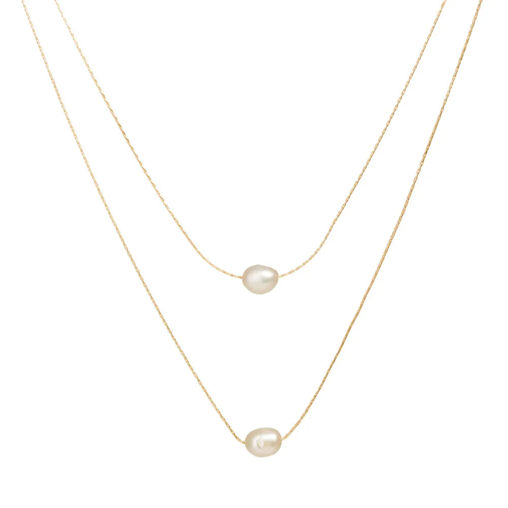 Stainless Steel New Fashion Exquisite Beaded Double Layer Imitation Pearl Chandel Chain Necklace and Stainless Steel Pendant
