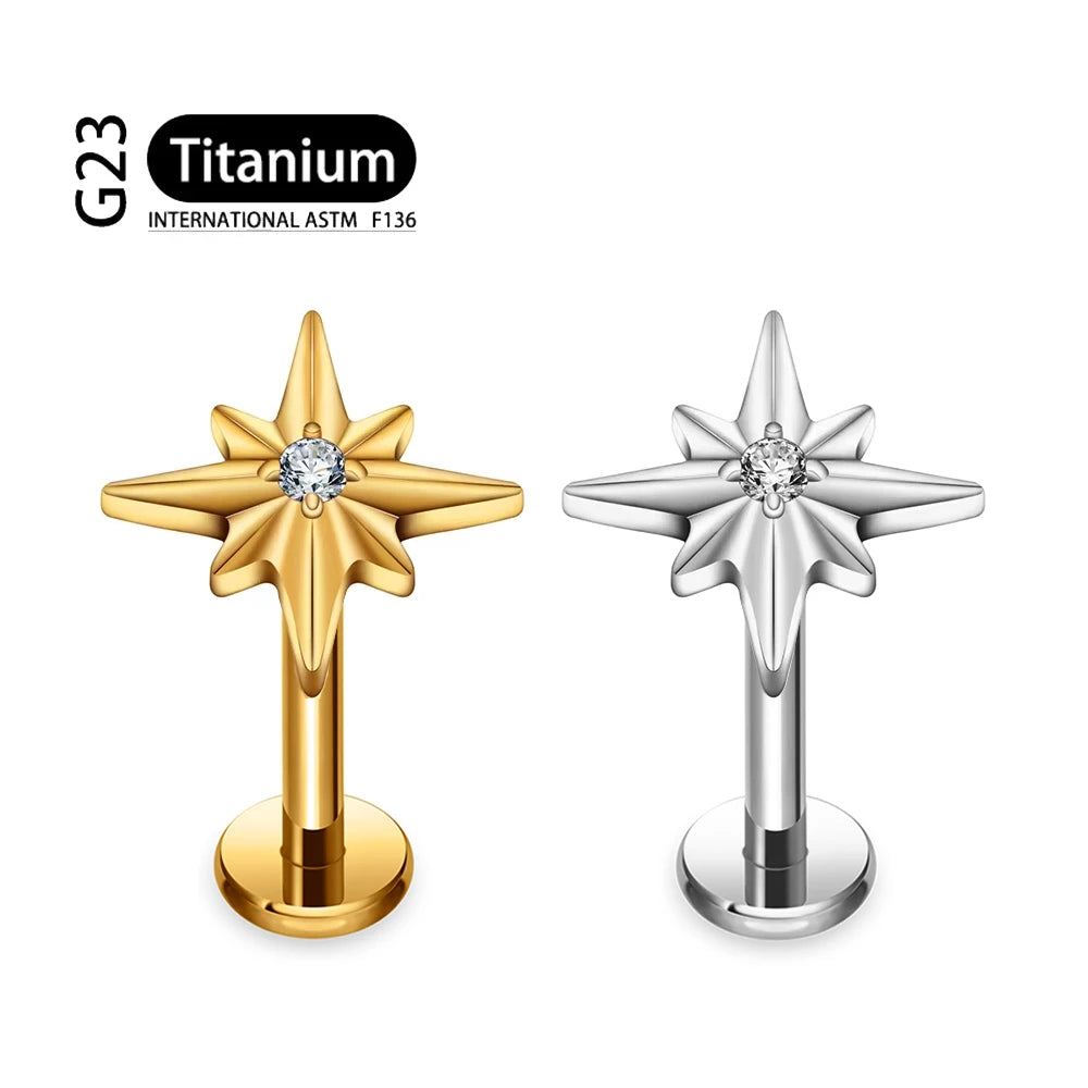 ASTM F136 Titanium 16G Sparkling CZ North Star Stud Earring Labret Cartilage Tragus Helix Conch Lobe Piercing