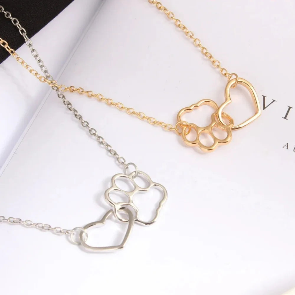 Pet Paw Footprint Heart Necklace - Sterling Silver Dog Cat Memorial Pendant