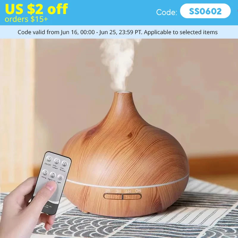 500ml Ultrasonic Aromatherapy Diffuser with Remote Control - Wood Grain Design