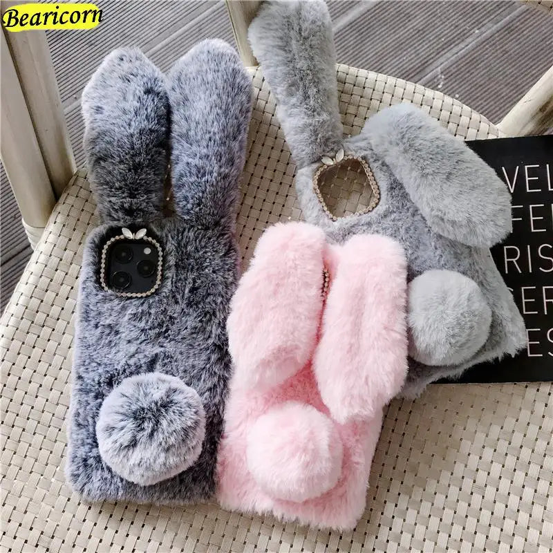 Premium 3D Furry Plush iPhone Case - Soft Rabbit Bunny Fur Cover