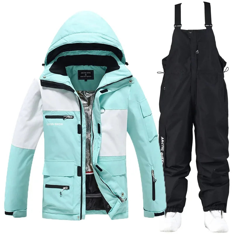 2024 New Winter Outdoor Windproof Waterproof Ski Jacket Strap Pants Men Women Super Warm Ski Suit Snowboarding Set Snow Clothes