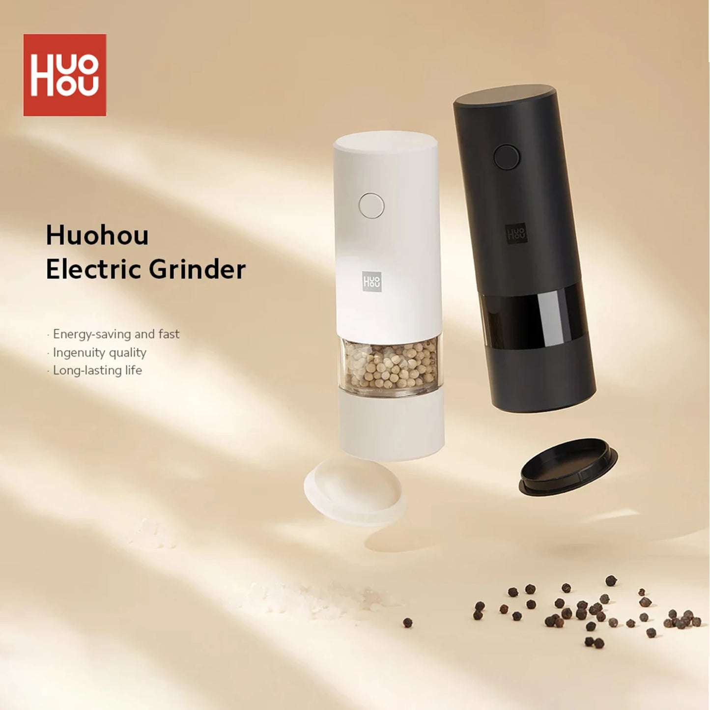 Huohou Electric Pepper and Salt Grinder with LED Light - 5 Grinding Modes