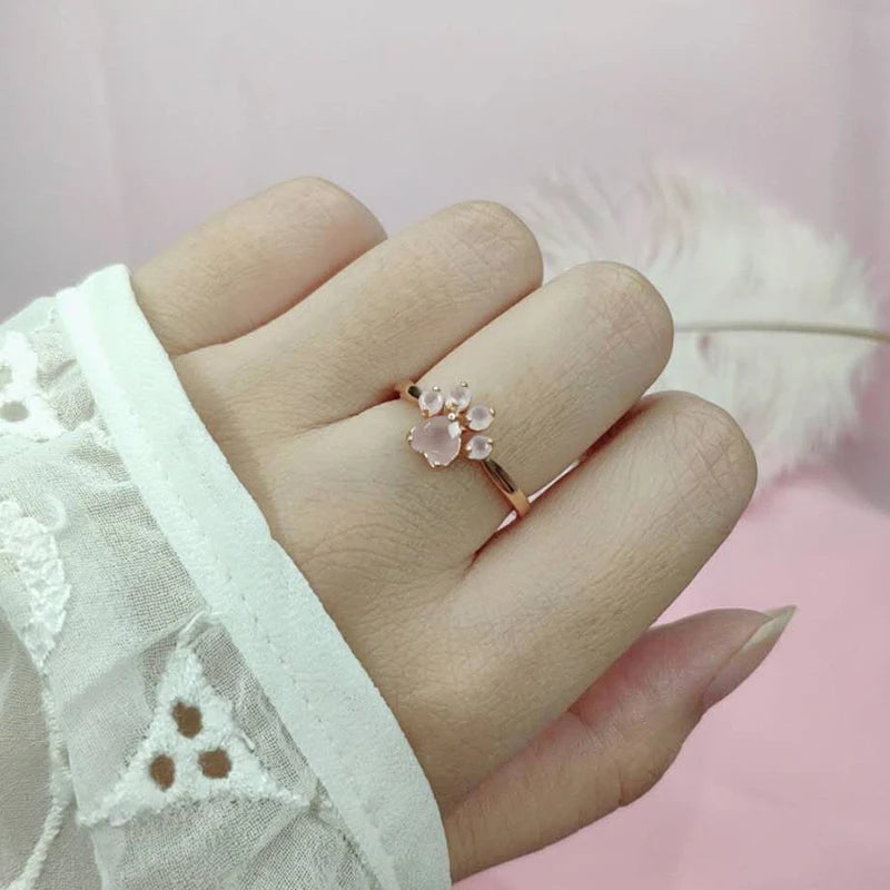 Premium LAMOON Sterling Silver 925 Paw Ring - Rose Quartz Gemstone