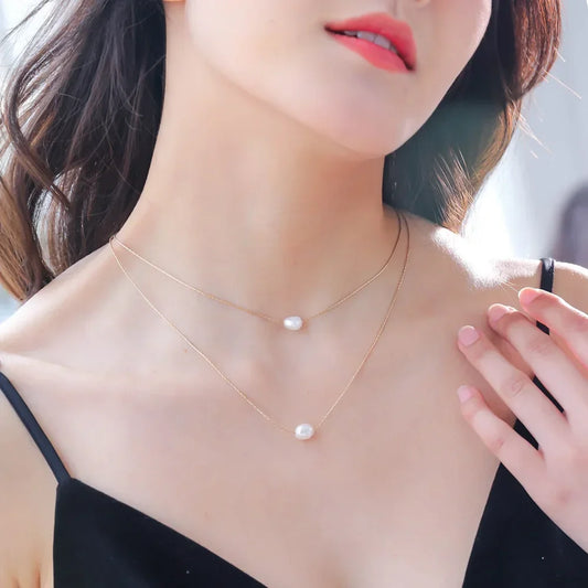 Stainless Steel New Fashion Exquisite Beaded Double Layer Imitation Pearl Chandel Chain Necklace and Stainless Steel Pendant