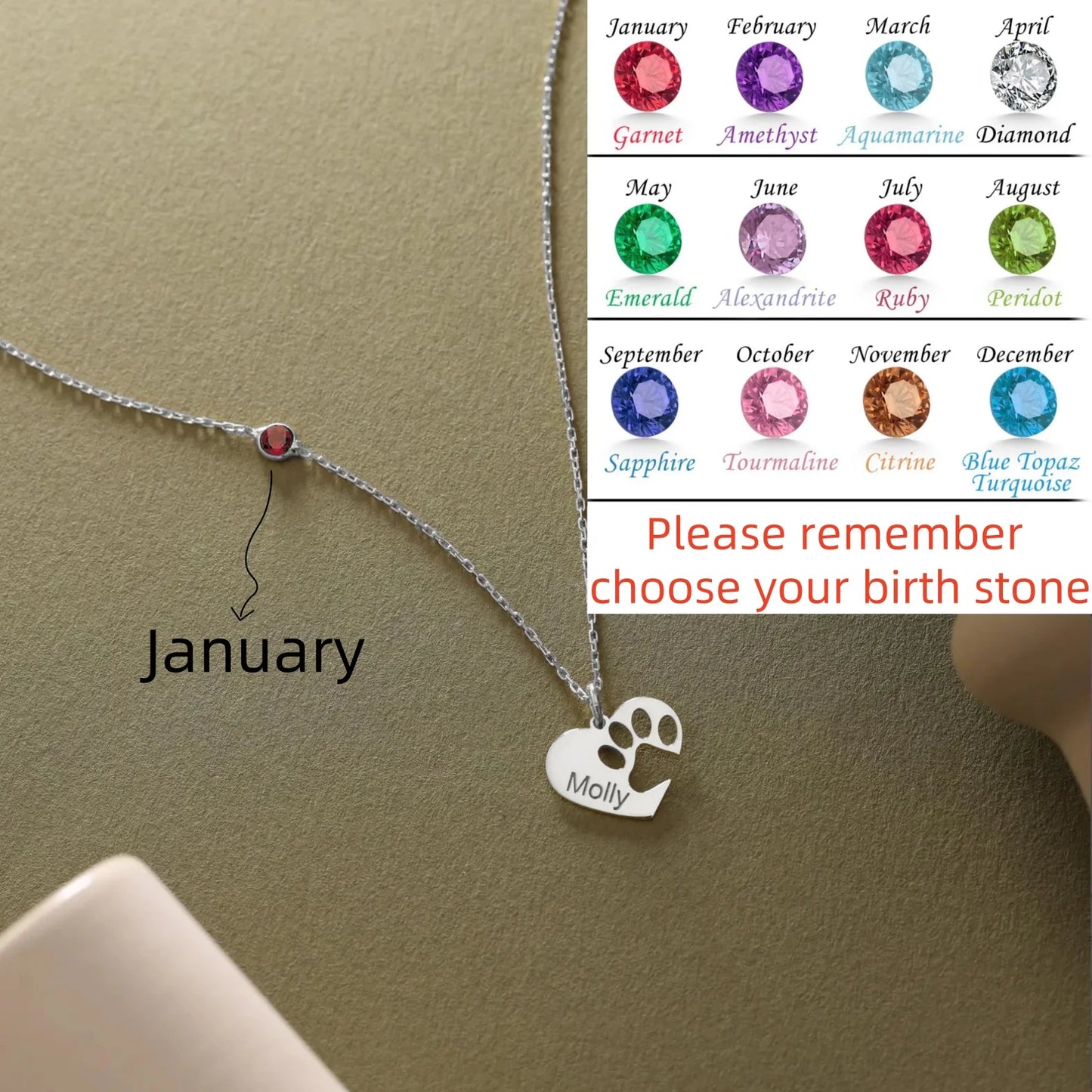 Jeshayuan Personalized Heart Shaped Engraved Paw Print Necklace Customized Name Necklaces with Birth Stone Jewelry Gift for Love
